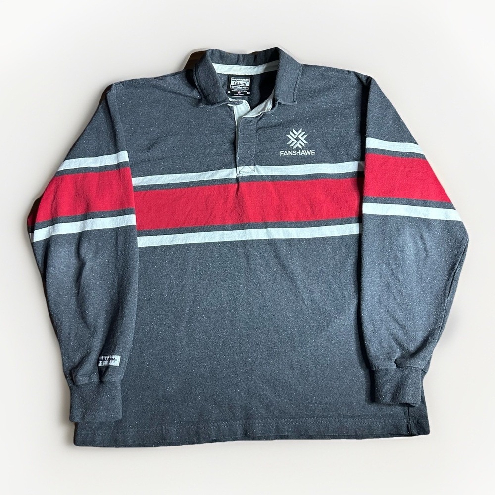 Barbarian Rugby Polo Shirt Mens XL Gray Striped Fanshawe College Canada Cotton